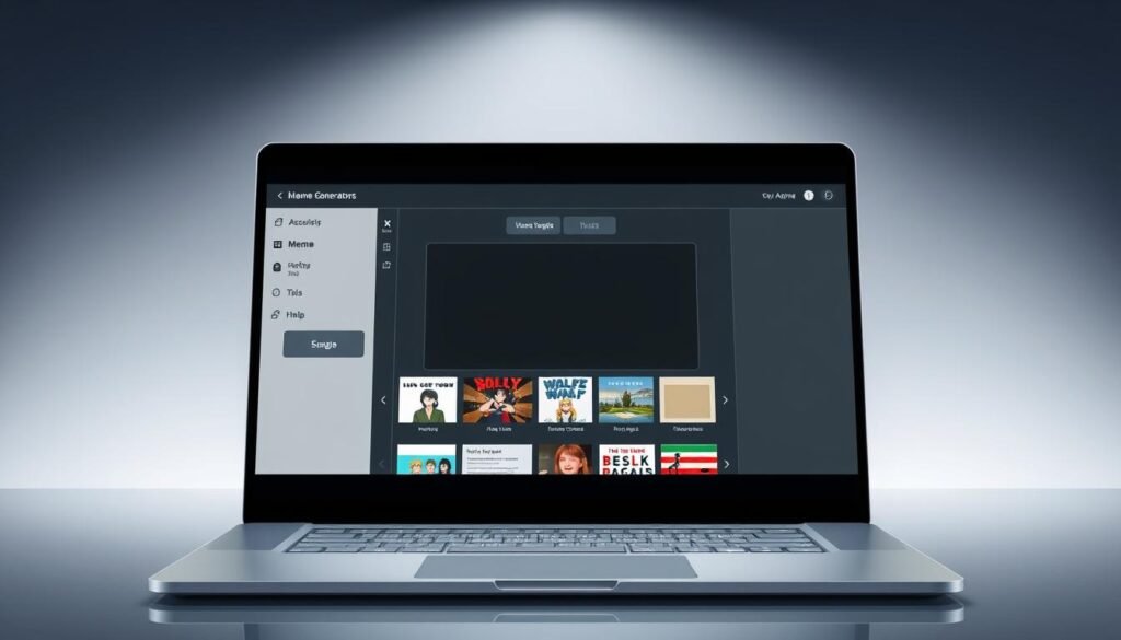 A sleek, modern meme generator interface set against a minimalist background. In the foreground, a laptop or desktop computer displays a simple, user-friendly meme creation tool, with intuitive controls and a clean, uncluttered design. The middle ground features neatly stacked, colorful meme templates, easily accessible for quick customization. The background evokes a serene, professional atmosphere, with subtle lighting and a sense of digital elegance, conveying the power and versatility of this meme-making solution.