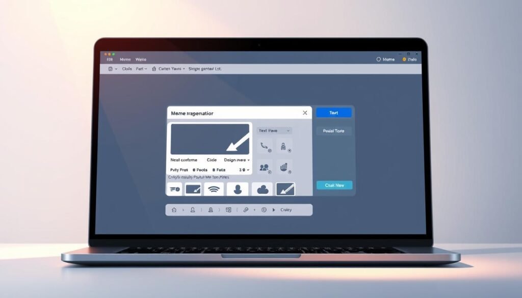A sleek, modern meme generator interface set against a minimalist background. In the foreground, a laptop or desktop computer displays a simple, intuitive meme creation tool with customizable text fields, image upload capabilities, and a selection of popular meme templates. The middle ground features stylized icons, buttons, and design elements that invite user interaction. The background is a clean, uncluttered space, perhaps with subtle geometric patterns or a softly blurred gradient, creating a professional, digital atmosphere. Warm, directional lighting illuminates the scene, casting gentle shadows and highlights to accentuate the device and interface. The overall composition conveys a sense of efficiency, creativity, and ease of use for the "bj memes Download for Free" experience.