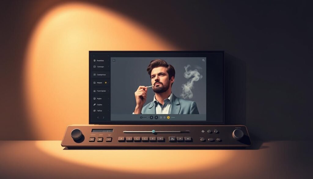 A sleek, modern meme generator interface set against a minimalist, clean background. The foreground features a sophisticated control panel with intuitive sliders, buttons, and menus for customizing meme templates. The middle ground showcases a preview window displaying a stylized, high-quality Matthew McConaughey smoking meme. Warm, directional lighting casts subtle shadows, creating depth and a professional, polished atmosphere. The overall design exudes a sense of advanced, user-friendly customization capabilities.