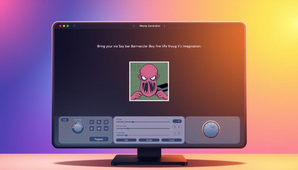 A sleek, modern meme generator interface set against a vibrant, gradient background. In the foreground, a centralized panel with intuitive controls and customization options, conveying a sense of creativity and digital expression. The middle ground features a large display showcasing a sample meme, hinting at the tool's ability to generate unique and shareable content. The background is softly blurred, keeping the focus on the meme generator's key features. Warm, directional lighting from the top-left casts a subtle glow, creating depth and a professional, high-tech atmosphere. The overall impression is one of a powerful, user-friendly meme creation platform, ready to bring Barnacle Boy to life through the user's imagination.