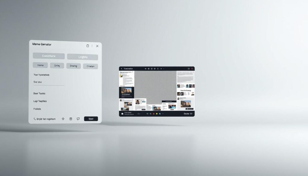 A sleek, modern meme generator interface with a clean, minimalist design. The foreground features a central panel with customizable text fields, drawing tools, and various meme templates. The middle ground showcases a large, high-quality preview of the meme being created. The background has a subtle gradient or texture, creating a professional, digital atmosphere. Soft, indirect lighting illuminates the scene, casting gentle shadows and highlights to accentuate the 3D elements. The overall composition conveys a sense of intuitive, user-friendly meme creation at one's fingertips.