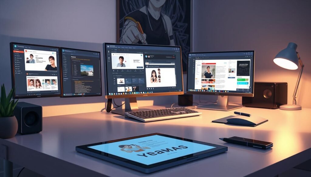 A sleek, modern meme generator workspace on a minimalist desk, with various digital tools and software interfaces displayed on high-resolution screens. The lighting is soft and natural, casting a warm glow over the scene. The overall atmosphere is focused and productive, hinting at the efficient process of creating viral internet content. In the foreground, a tablet or drawing pad with a stylus is visible, suggesting the ability to customize and edit meme templates. In the background, a subtle wallpaper or ambient visuals complement the digital workspace, creating a cohesive and visually appealing environment.