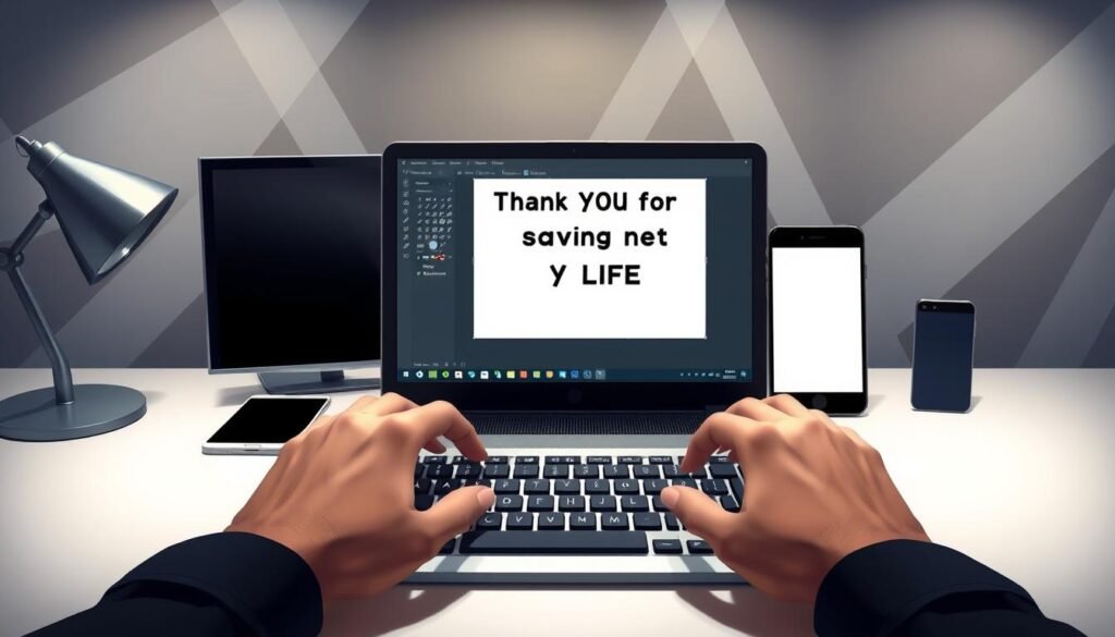 A sleek, modern office desktop with a laptop, tablet, and smartphone. In the foreground, an open graphic design application with a blank meme template. The user's hands are poised over the keyboard, ready to create a customized "Thank You for Saving My Life" meme. Soft, directional lighting illuminates the workspace, casting subtle shadows. The background features abstract geometric shapes and patterns, creating a stylish, minimalist ambiance. The overall scene conveys a sense of focused creativity and digital-age meme-making.