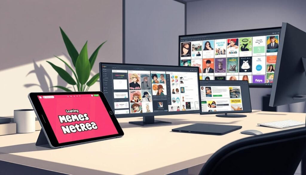 A sleek, modern office desktop with an array of AI-powered design tools for meme creation. In the foreground, a stylish tablet or drawing tablet displays a vibrant, humorous meme in progress. In the middle ground, various digital art software windows are open, showcasing intuitive interfaces for adding text, overlays, and visual effects. The background features minimalist decor, including a potted plant and a large monitor displaying a grid of meme templates. The lighting is soft and directional, casting subtle shadows that add depth and dimension. The overall atmosphere conveys creativity, efficiency, and a touch of whimsy, perfectly suited for crafting engaging bj memes.