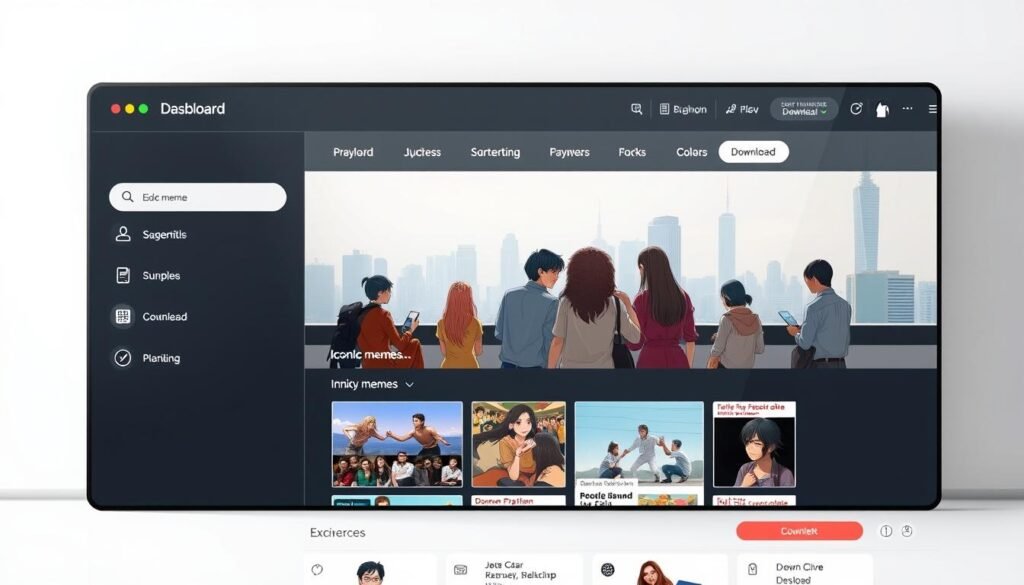 A sleek, modern web interface showcasing a collection of iconic internet memes. In the foreground, a clean and intuitive user dashboard with categorized meme thumbnails and seamless download buttons. The middle ground features a striking hero image of a group of diverse characters engaging with the memes, conveying a sense of community and shared cultural touchstones. The background depicts a minimalist cityscape, hinting at the global reach and popularity of the service. Soft, directional lighting from the left accentuates the clean lines and modern aesthetic, creating a visually appealing and user-friendly experience.