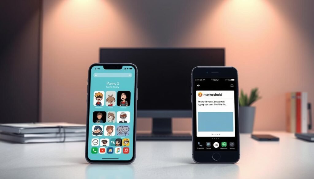 A sleek, modern workspace with two smartphones prominently displayed, one showcasing the iFunny X app interface, the other the Memedroid app. Diffused, warm lighting illuminates the scene, creating a cozy, inviting atmosphere. The smartphones are captured at a slight angle, allowing for a clear view of their distinct designs and features. The background is a minimalist, gray-toned office setting, with a subtle gradient adding depth and visual interest. The overall composition emphasizes the comparison between the two humor-focused mobile applications, inviting the viewer to explore their unique offerings.