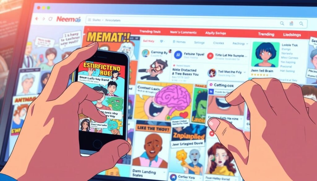 A social media feed filled with vibrant, shareable memes. In the foreground, a person's hands scrolling through a smartphone, their fingers tapping and swiping to share the latest viral content. The middle ground features a collage of popular meme formats - the "Distracted Boyfriend", the "Expanding Brain", the "Damn Daniel" - all rendered in a lively, animated style. In the background, a stylized website interface with sharing buttons, comment sections, and trending hashtags, conveying the sense of a bustling online community engaging with and propagating the memetic phenomenon. Warm, playful lighting illuminates the scene, capturing the joy and excitement of participating in the meme culture.
