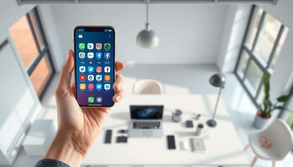 A social media sharing scene with a minimalist and modern aesthetic. In the foreground, a smartphone is held in a hand, its screen displaying various social media app icons. The middle ground features a clean, white desk with a laptop and stylish office accessories. The background showcases a contemporary, well-lit interior with large windows, allowing natural light to flood the space. The overall mood is one of efficiency, connectivity, and a seamless integration of technology into a professional setting. The lighting is soft and diffused, creating a subtle, elegant atmosphere. The camera angle is slightly elevated, capturing the scene from an overhead perspective to emphasize the organized and intentional nature of the composition.