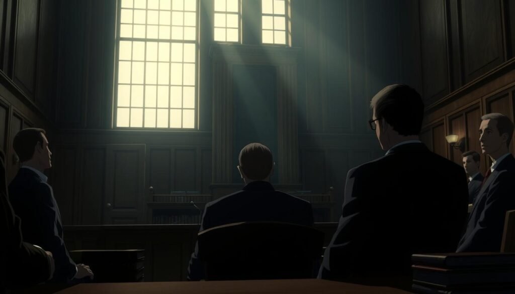 A somber, dimly lit courtroom, the judge's bench and witness stand in sharp focus. Shadows cast a foreboding atmosphere, as a defendant sits solemnly, the weight of legal charges palpable. Tense expressions on the faces of the lawyers, each side grappling with the gravity of the situation. Soft backlighting from high windows illuminates the scene, underscoring the seriousness of the proceedings. Subtle textures in the wood paneling and leather-bound books create a sense of formality and tradition. The image conveys the high stakes and profound consequences of the legal charges at hand.