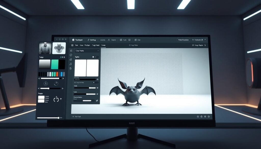 A sophisticated desktop computer screen displaying a customizable meme template with advanced editing tools. In the foreground, an array of stylish icons, sliders, and color palettes allow for precise control over text, images, and layout. The middle ground features a dynamic 3D model of a bat, positioned to be the central focus. Subtle lighting creates depth and highlights the intricate details of the digital environment. The background showcases a futuristic, minimalist workspace with clean lines and a neutral color scheme, setting the tone for a professional, high-tech atmosphere. The overall scene conveys a sense of effortless creativity and personalization, inspiring the viewer to unleash their meme-making potential.