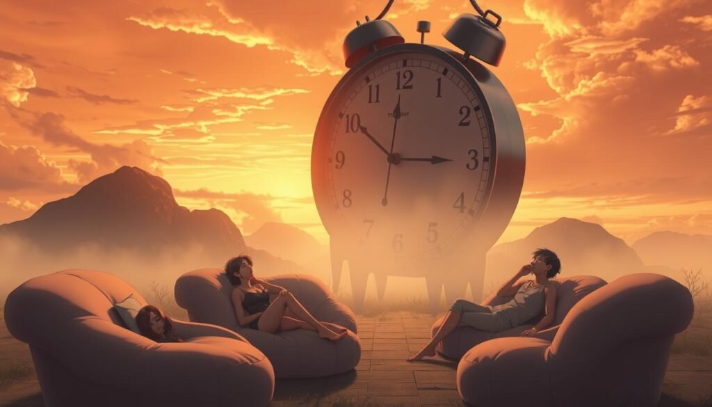 A surreal landscape where the passage of time on a Saturday is distorted and distorted. In the foreground, a giant analog clock face with melting hands hovers above a hazy, dreamlike setting. The middle ground features people lounging on plush, misshapen furniture, their expressions reflecting a sense of languid, hazy boredom. In the background, the sky is tinged with a warm, golden glow, creating an atmosphere of lazy, suspended time. The lighting is soft and diffused, evoking a sense of timelessness. The overall mood is one of a whimsical, yet unsettling distortion of the normal perception of time on a lazy Saturday.