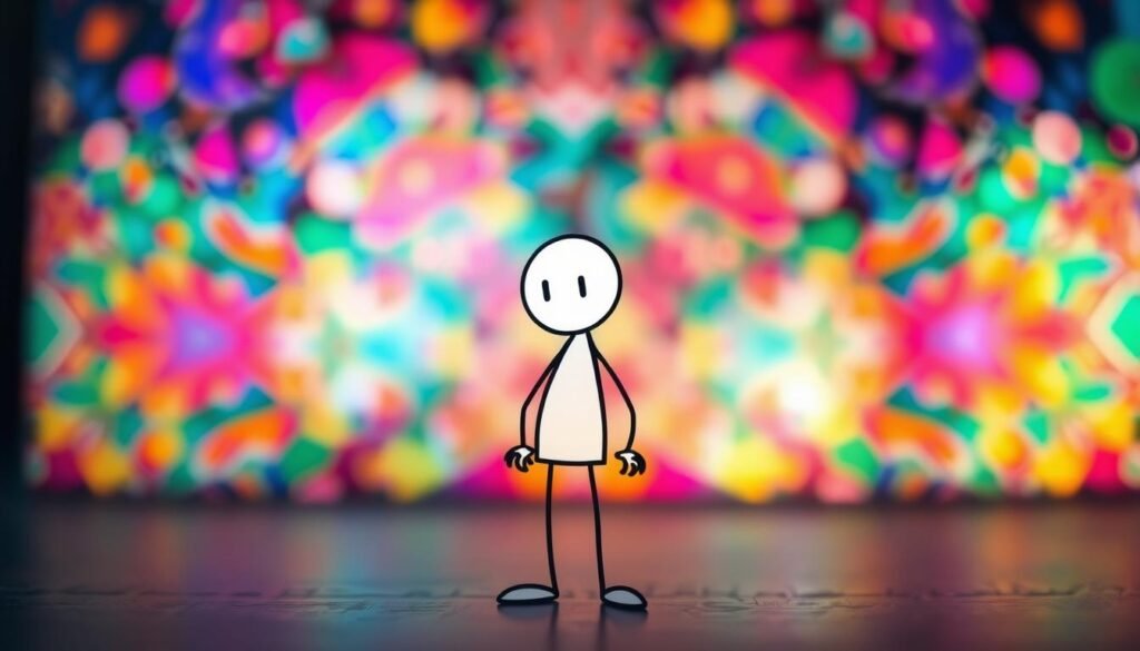 A versatile meme with a speechless stick figure standing in the foreground, exuding an air of curiosity and expressive versatility. The figure is rendered in a minimalist, line-art style against a blurred, kaleidoscopic background of vibrant, shifting colors and abstract patterns, creating a visually striking and dynamic composition. The lighting is soft and diffused, adding depth and dimensionality to the scene. The overall mood is one of playfulness, adaptability, and the endless potential of this iconic meme character.
