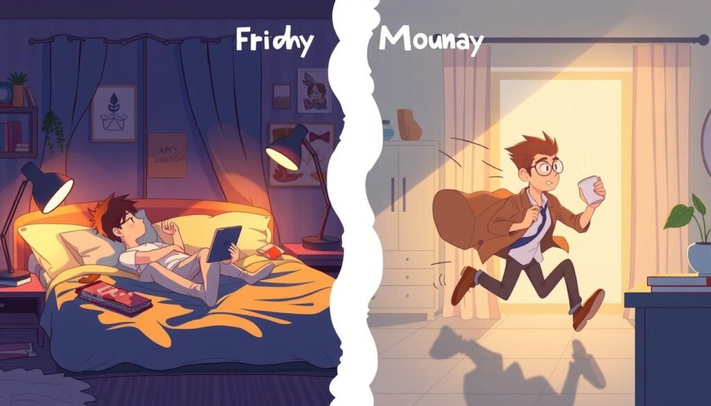 A vibrant and humorous illustration of the Friday-to-Monday transition. A cozy bedroom scene, with a relaxed figure lounging on a plush bed on Friday evening, surrounded by snacks and entertainment. As the scene transitions to Monday morning, the same figure is seen frantically rushing, a cup of coffee in hand, as they hurry to get ready for the workweek. The lighting shifts from the warm, golden tones of Friday to the cool, blue-gray tones of Monday, conveying the stark contrast between the carefree weekend and the demanding weekday. Stylized, whimsical elements add a touch of levity to the narrative, capturing the relatable experience of the weekly grind.