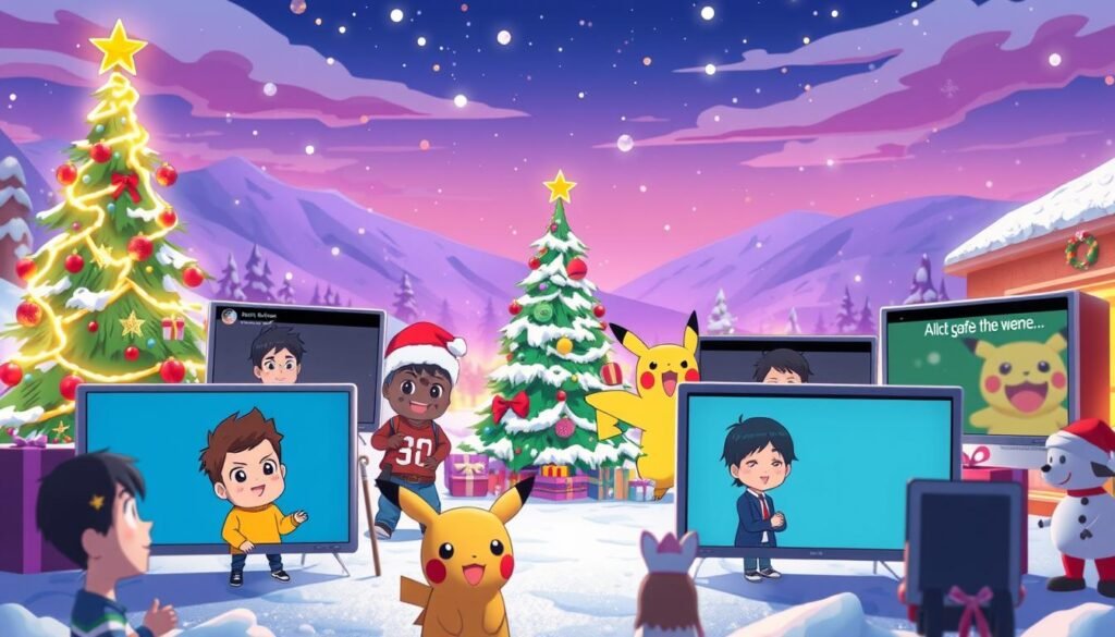 A vibrant and visually engaging scene of various video memes, showcased against a festive Christmas backdrop. The foreground features a collection of popular meme formats, including the "Distracted Boyfriend," the "Surprised Pikachu," and the "Roll Safe" memes, all rendered in a lively, animated style. The middle ground depicts a stylized Christmas tree, adorned with ornaments and twinkling lights, creating a cozy and celebratory atmosphere. The background is a winter wonderland, with snow-covered landscapes and a warm, glowing sky, evocative of the holiday season. The lighting is soft and diffused, accentuating the playful and lighthearted mood of the scene. The overall composition is dynamic and engaging, drawing the viewer's attention to the playful and humorous video memes at the forefront.
