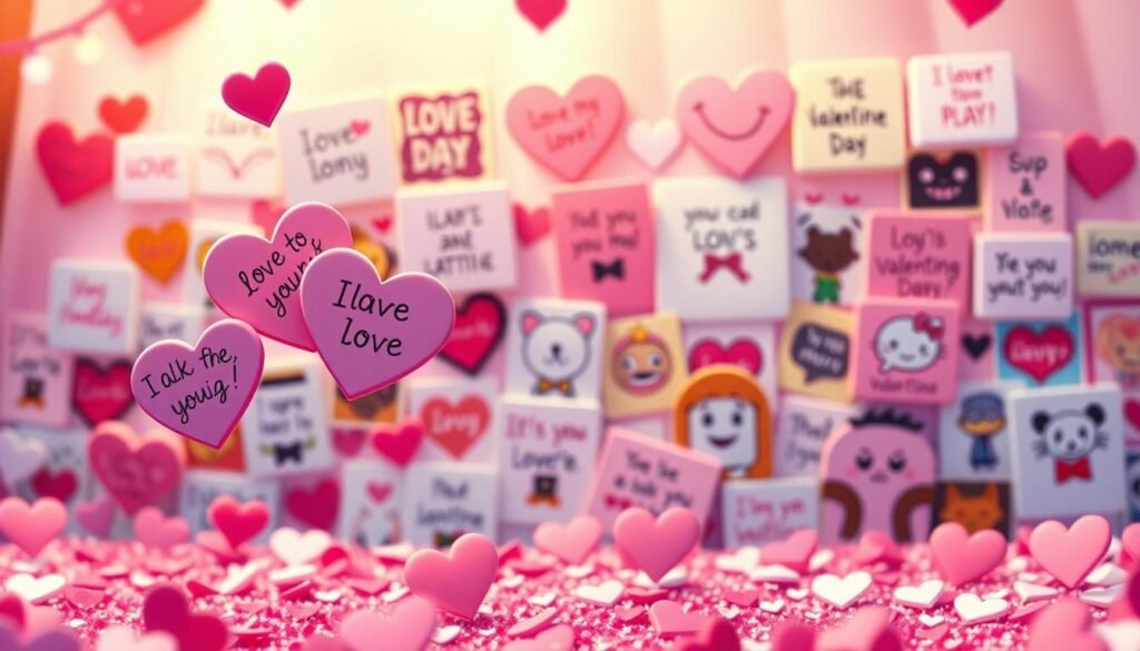 A vibrant and whimsical scene of Valentine's Day-themed memes, rendered with a playful, romantic atmosphere. In the foreground, a cluster of heart-shaped memes in pastel shades float gently, their messages conveying flirty sentiments. The middle ground features a stylized arrangement of additional memes, each with a unique and humorous design, creating a visually engaging tapestry. The background is softly blurred, allowing the memes to take center stage, bathed in warm, diffused lighting that sets a cozy, intimate mood. The overall composition is balanced and visually striking, capturing the essence of "Flirty Memes for Special Occasions".