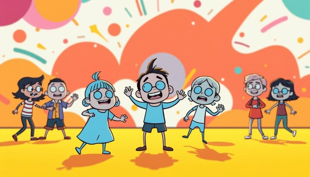 A vibrant, animated GIF showcasing a playful, hand-drawn aesthetic. In the foreground, a group of stylized, expressive characters act out a humorous, meme-inspired scenario, their movements captured in a seamless loop. The middle ground features a dynamic, abstract background with bold, colorful shapes and patterns, creating a lively, eye-catching setting. Warm, diffused lighting illuminates the scene, lending a whimsical, lighthearted mood. The overall composition is framed with a cinematic, widescreen aspect ratio, drawing the viewer's attention to the engaging, animated display.
