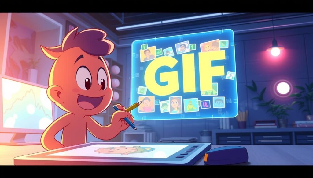 A vibrant, animated scene depicting the creation of a dynamic GIF. In the foreground, a stylized, playful character manipulates digital drawing tools, their fingers deftly crafting colorful, expressive frames. The middle ground showcases a large, holographic display, providing a window into the GIF's development, with frames flickering to life in a mesmerizing loop. The background is a sleek, futuristic workspace, bathed in a soft, diffused light that creates a sense of warmth and creativity. The overall mood is one of excitement and innovation, reflecting the energy and dynamism of meme creation.