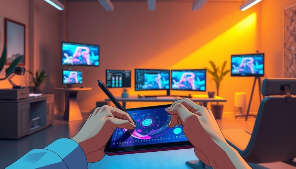 A vibrant, animated scene of a digital artist crafting an animated GIF. In the foreground, a nimble hand manipulates vectors and pixels on a stylish tablet, creating fluid motion and expressive visuals. The middle ground features a state-of-the-art workstation with multiple monitors displaying design software, providing a glimpse into the technical process. The background showcases a minimalist, modern studio environment with sleek furniture and warm, directional lighting that casts a soft, creative glow. The overall atmosphere exudes a sense of focus, innovation, and the joy of meme-making.
