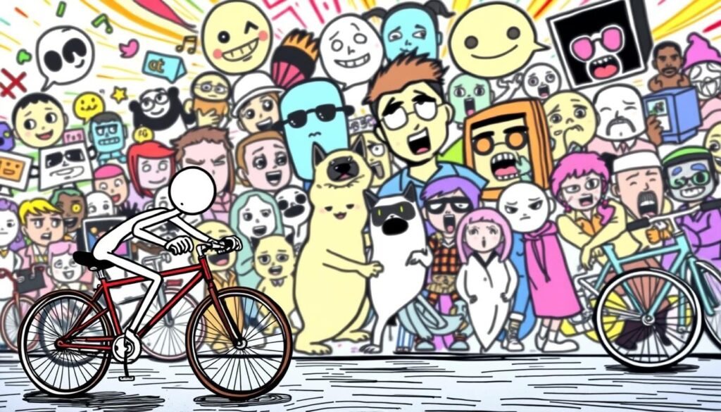 A vibrant, animated scene of iconic internet memes come to life in a dynamic, hand-drawn style. In the foreground, the classic "Stick Figure on Bicycle" meme races across the frame, its limbs flailing comically. In the middle ground, a collage of popular meme characters - such as Doge, Grumpy Cat, and Distracted Boyfriend - interact in humorous, exaggerated poses. The background is a kaleidoscopic explosion of meme imagery, with viral reaction faces, glitchy textures, and surreal, absurdist elements. The overall mood is one of playful, irreverent energy, capturing the spirit of the internet's most iconic and beloved meme culture.