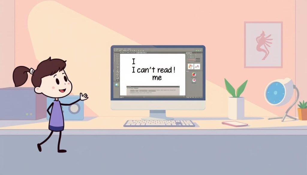 A vibrant, animated tutorial scene showcasing the creation of a classic "I Can't Read" meme. In the foreground, a hand-drawn animated character demonstrates the steps, their movements fluid and expressive. The middle ground features a stylized computer screen displaying the meme-making process, with intuitive UI elements. The background is a minimalist, pastel-hued workspace, bathed in warm, diffused lighting that creates a friendly, instructional atmosphere. The overall composition conveys a sense of playfulness and accessibility, inviting the viewer to dive into the world of animated meme creation.
