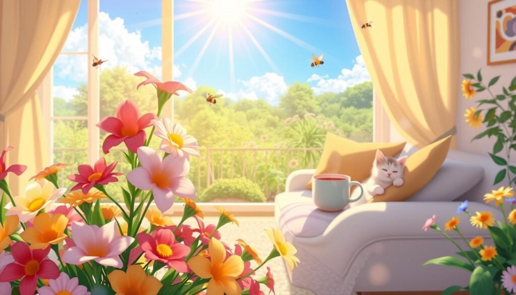 A vibrant, cheerful composition depicting a sun-drenched scene that radiates positivity and warmth. In the foreground, a bouquet of colorful, blooming flowers spills forth, their petals gently swaying in a soft breeze. The middle ground features a cozy, well-lit living space, with plush throw pillows, a mug of steaming tea, and a playful, friendly cat basking in the sunlight. The background showcases a panoramic view of a lush, verdant garden, alive with the buzzing of honeybees and the chirping of songbirds. The overall atmosphere is one of tranquility, joy, and a sense of being fully present in the moment, ready to embrace the day with a renewed sense of optimism.