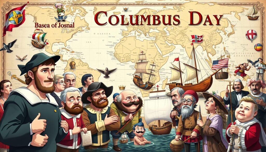A vibrant collage of Columbus Day-themed cultural memes, set against a backdrop of a stylized Renaissance-era map. In the foreground, humorous caricatures of Christopher Columbus interact with iconic symbols like ships, compasses, and the Niña, Pinta, and Santa María. The middle ground features a playful blend of historical references and modern meme tropes, conveying a sense of cultural commentary. The background showcases a detailed, vintage-inspired rendering of the world map, evoking a sense of exploration and discovery. The overall mood is a lighthearted, visually engaging interpretation of the diverse cultural perspectives surrounding Columbus Day.