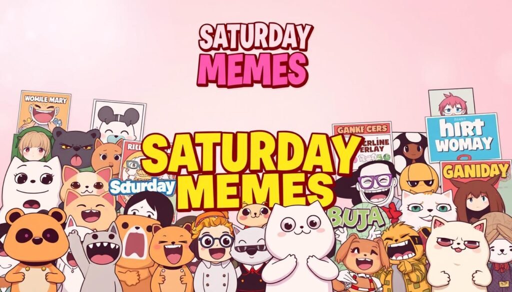 A vibrant collage of Saturday-themed memes, displayed against a playful, pastel-hued background. In the foreground, an assortment of humorous, relatable internet memes, ranging from quirky animal characters to pop culture references, all exuding a lighthearted and entertaining vibe. The middle ground features a mix of bold, typographic elements and playful graphic designs, accentuating the meme-inspired aesthetic. The background is bathed in soft, diffused lighting, creating a warm and inviting atmosphere, perfectly suited for social media sharing. The overall composition strikes a balance between the whimsical nature of memes and a visually striking, cohesive design.