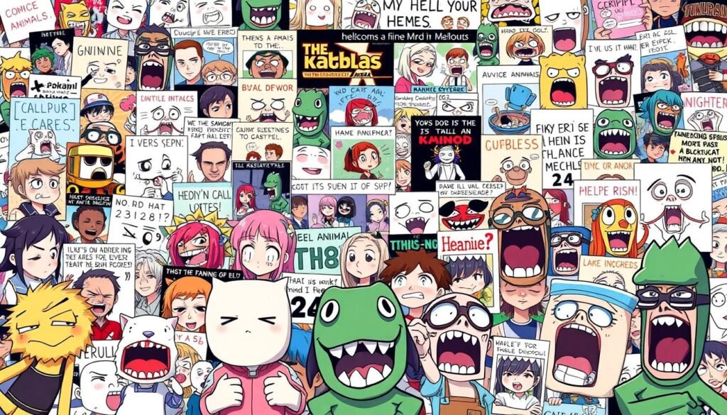 A vibrant collage of hilarious memes, showcasing a diverse array of comical, irreverent, and tongue-in-cheek digital art. The foreground features a dynamic arrangement of meme characters, including doge, Distracted Boyfriend, and Philosoraptor, all engaging in playful, exaggerated expressions. The middle ground showcases a variety of meme formats, such as Advice Animals, Rage Comics, and Exploitable Images, each with its own distinctive visual style and comedic appeal. In the background, a kaleidoscopic arrangement of meme-inspired patterns, textures, and color schemes creates a visually striking and immersive environment. The overall composition is characterized by a playful, lighthearted mood, with a focus on capturing the essence of the most popular and shareable memes.
