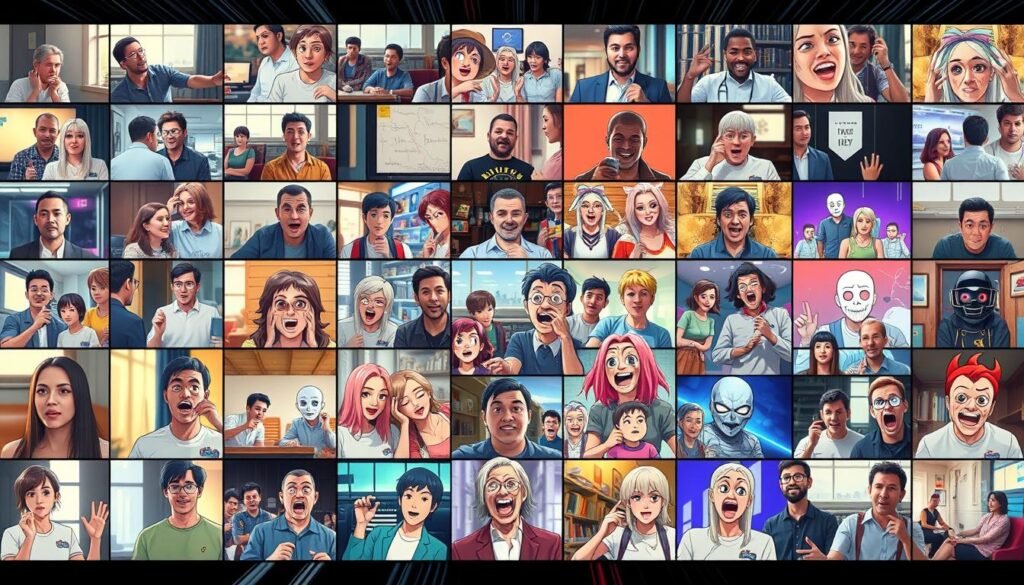 A vibrant collage of hilarious video meme clips, arranged in a dynamic grid layout. The foreground features a diverse array of comedic scenes, ranging from slapstick mishaps to relatable everyday situations, all captured with a cinematic flair. The middle ground showcases a seamless integration of popular internet meme characters, their expressions and poses exaggerated for maximum comedic impact. The background ebbs and flows with a swirling, neon-tinged energy, creating a visually captivating and immersive atmosphere. Lit by a soft, diffused lighting that accentuates the vivid colors and high-contrast details, the overall composition radiates a playful, lighthearted and shareable vibe, perfectly suited for enhancing any YouTube content.