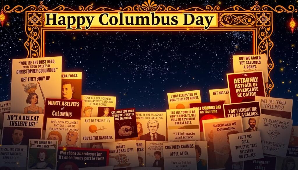 A vibrant collage of humorous memes celebrating the historical legacy of Christopher Columbus. The foreground features a lively collection of memes, each with a clever, lighthearted take on the holiday. The middle ground showcases an ornate, vintage-inspired border framing the memes, hinting at the celebratory nature of the occasion. The background depicts a starry, nighttime sky, casting a whimsical, dreamlike atmosphere over the scene. Warm, golden lighting illuminates the memes, highlighting the comedic charm and playful spirit of the Columbus Day celebration. The overall composition exudes a sense of merriment and cultural commemoration, inviting the viewer to engage with the comical, yet thought-provoking, nature of the holiday.
