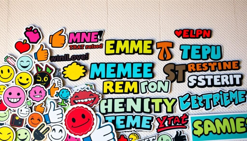 A vibrant collage of meme-inspired stickers and stylized fonts, capturing the playful and expressive nature of internet culture. In the foreground, an assortment of colorful, hand-drawn icons and symbols - smiley faces, thumbs up, and other recognizable meme elements. In the middle ground, a variety of bold, typographic treatments in various retro and contemporary font styles, each evoking a distinct tone and personality. The background features a subtle, textured gradient, providing a visually engaging and cohesive composition. Lit by soft, diffused lighting that lends a warm, inviting atmosphere, the overall image conveys a sense of youthful energy and digital-age creativity.