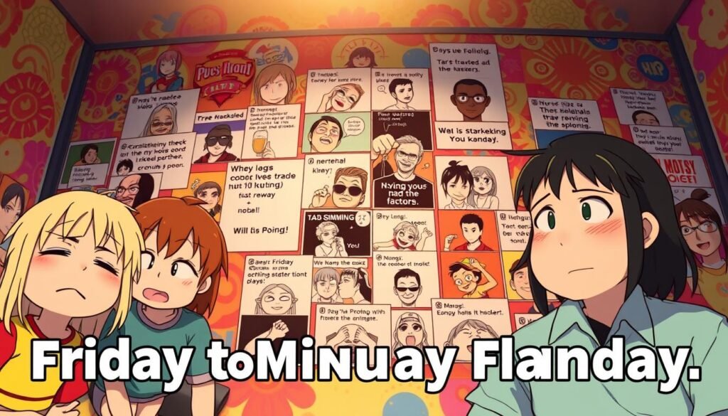 A vibrant collage of memes capturing the humorous transition from Friday to Monday. In the foreground, a group of animated characters comically express their reluctance to start the workweek, their expressions conveying a mix of exhaustion and resignation. The middle ground features a series of relatable memes, each one a witty commentary on the universal experience of the weekend coming to an end. The background is a kaleidoscope of bold, playful patterns and colors, creating a lively and engaging visual backdrop. Warm, soft lighting illuminates the scene, lending a lighthearted and nostalgic atmosphere. Captured through a wide-angle lens, the composition invites the viewer to immerse themselves in the comedic camaraderie of the "Friday to Monday Transition."