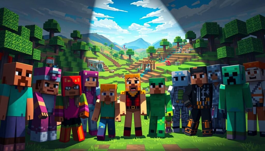 A vibrant collage of popular Minecraft meme skins, arranged in a dynamic composition. The foreground features iconic characters like Doge, Pepe the Frog, and Disaster Girl, depicted in their signature pixelated styles. The middle ground showcases a diverse array of meme-inspired outfits, from Spongebob-themed armor to Rick Astley-inspired garments. The background presents a whimsical Minecraft landscape, with rolling hills, blocky trees, and a vibrant, saturated color palette that evokes the game's retro aesthetic. Dramatic side lighting casts dramatic shadows, adding depth and drama to the scene. The overall mood is playful, nostalgic, and visually engaging, capturing the essence of the meme Minecraft skin culture.