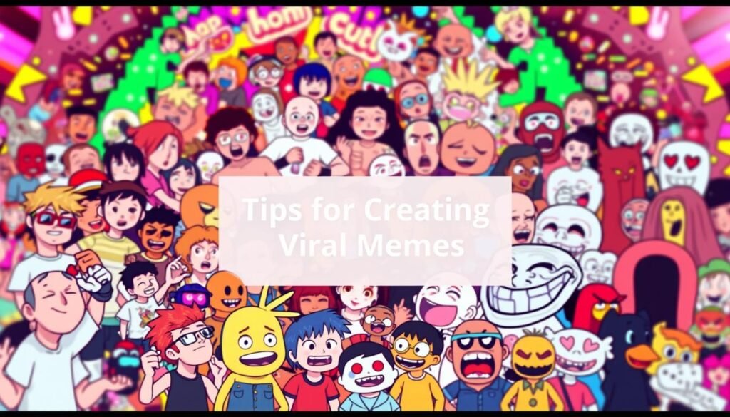 A vibrant collage of popular internet memes, arranged against a dynamic background. In the foreground, a diverse collection of iconic meme characters, such as the Distracted Boyfriend, Doge, and Trollface, playfully interacting with each other. The middle ground features a minimalist layout showcasing the section title "Tips for Creating Viral Memes" in a clean, modern font. The background is a kaleidoscope of colorful, glitch-inspired digital patterns, creating an energetic and visually engaging atmosphere. Lighting is soft and diffused, with a slight vignette effect to draw the viewer's attention to the central elements. The overall composition conveys a sense of digital culture, humor, and the art of crafting viral content.