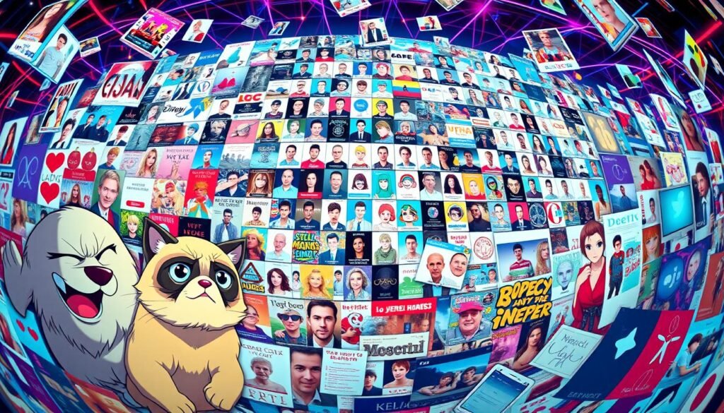 A vibrant collage of popular internet memes cascading across a digital landscape. In the foreground, iconic characters like Doge, Grumpy Cat, and Distracted Boyfriend captured in a kaleidoscope of meme-worthy expressions. The middle ground features a dynamic grid of viral reaction images, GIFs, and trending templates. The background immerses the viewer in a neon-tinged, hyperconnected web of sharing and engagement, conveying the viral, rapid-fire nature of meme culture. Dramatic cinematic lighting casts dramatic shadows, while a fish-eye lens distorts the scene, evoking the immersive, social media-driven experience of modern meme trends.