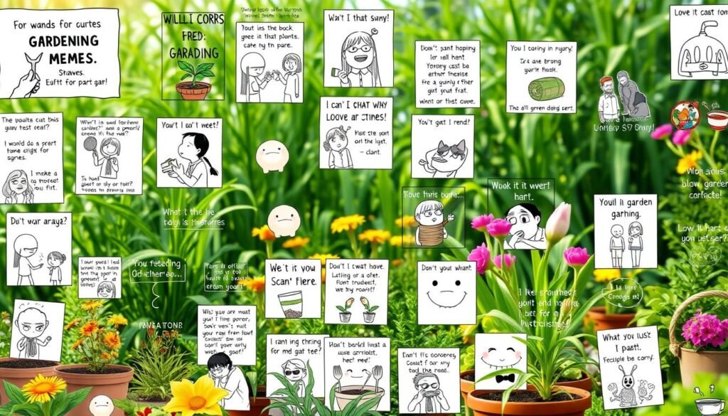 A vibrant collage of the most hilarious and relatable gardening memes, captured with a crisp, high-resolution lens. In the foreground, an assortment of hand-drawn illustrations and digital graphics depict comical gardening mishaps, quirky plant-themed puns, and the trials and tribulations of green-thumbed enthusiasts. The middle ground showcases a diverse array of meme templates, each with a unique and engaging design. In the background, a lush, verdant garden backdrop sets the stage, creating a visually striking and visually immersive experience. The overall mood is lighthearted, humorous, and sure to delight any gardening enthusiast.