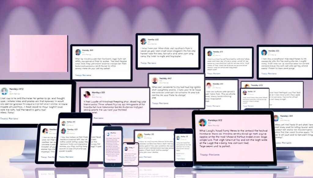 A vibrant collage of user reviews displayed on various digital devices, including smartphones, tablets, and laptop screens. The reviews feature a diverse range of expressions, from ecstatic praise to humorous commentary, all set against a sleek, modern backdrop with minimalist design elements. The lighting is soft and diffused, creating a warm and inviting atmosphere that encourages the viewer to engage with the content. The composition is dynamic, with the digital screens arranged in a visually compelling manner, drawing the eye to the engaging user feedback. The overall mood is one of authentic, relatable user experiences that capture the essence of the "Laugh Out Loud with Funny Memes Adults Download for free" article.