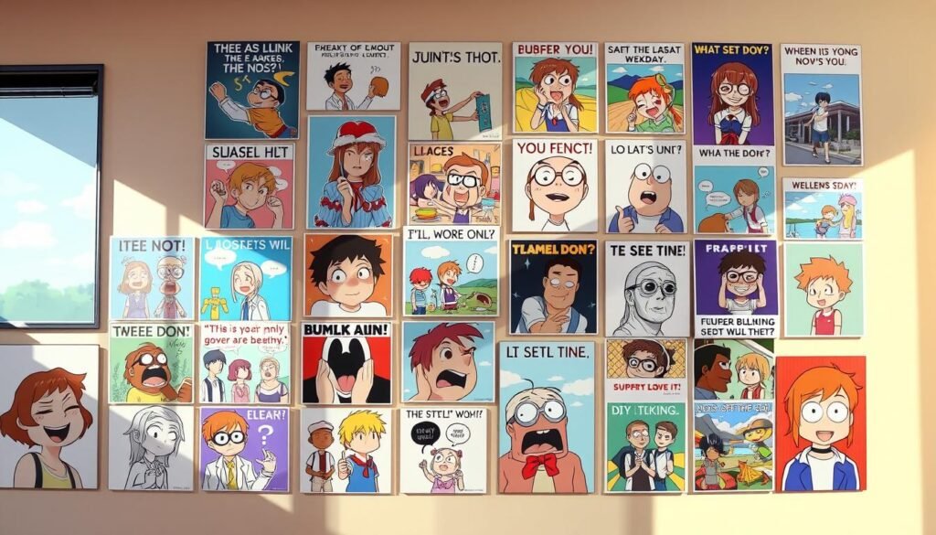 A vibrant collection of 30 hilarious Sunday memes displayed on a gallery wall, bathed in warm natural lighting and crisp focus. The memes depict a variety of comical, lighthearted, and relatable scenes that capture the essence of a weekend mood boost. The arrangement features a dynamic mix of different meme formats, including classic image macros, reaction images, and surreal digital illustrations. The overall mood is playful, humorous, and designed to brighten the viewer's day with a dose of weekend laughter.