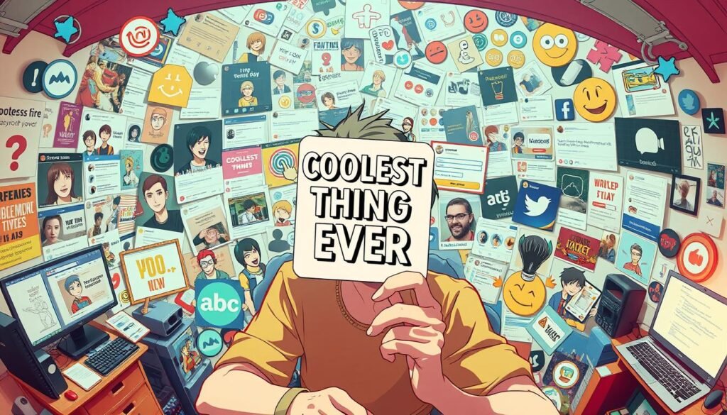 A vibrant, digital collage showcasing creative uses of the "Coolest Thing Ever" meme. In the foreground, a person comically incorporates the meme into their daily life, such as using it as a coaster or decorating their workspace. The middle ground features the meme being integrated into various social media posts and online interactions, sparking engagement and laughter. In the background, a kaleidoscope of meme-inspired designs, icons, and patterns create a dynamic, visually engaging environment. The scene is illuminated by a warm, diffused lighting that enhances the playful and imaginative atmosphere. Captured with a wide-angle lens to encompass the full scope of creative meme applications.