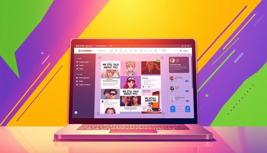 A vibrant, digital illustration showcasing the key features of the Kapwing Meme Maker. In the foreground, a stylized laptop screen displays the Kapwing interface, complete with intuitive editing tools, templates, and customization options. The middle ground features a collage of popular meme formats, including the "We Still Talk About You" template, hinting at the platform's extensive library. The background is a dynamic, abstract pattern of bold colors and geometric shapes, creating a modern, tech-savvy atmosphere. Warm, directional lighting from the top left casts a subtle glow, emphasizing the digital nature of the scene. The overall composition conveys the power and versatility of the Kapwing Meme Maker, a comprehensive tool for effortless meme creation.