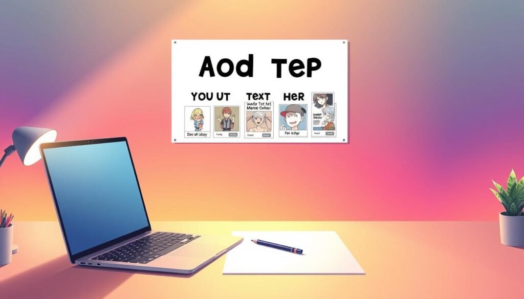 A vibrant, digital illustration showcasing the process of adding text to images for meme creation. In the foreground, a minimalist desktop workspace with a laptop, stylus, and a blank canvas ready for customization. The middle ground features a series of meme templates, each with a distinct personality and design, awaiting text overlays. In the background, a dynamic gradient backdrop evokes a sense of creativity and innovation. Subtle lighting casts a warm, inviting glow, and the overall composition conveys a clean, modern aesthetic suitable for a meme-focused article.