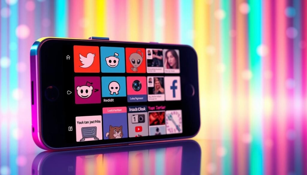 A vibrant, digital landscape showcasing the most popular social media platforms for sharing memes. In the foreground, a sleek smartphone displays a collage of iconic app logos - Twitter's bird, Reddit's alien, Instagram's camera, and Facebook's iconic "f". The middle ground features a dynamic grid of meme templates, ranging from humorous text overlays to animated GIFs, all ready for customization. The background is a kaleidoscope of neon hues, pulsing with the energy of the digital world. Soft, diffused lighting casts a warm glow, creating a visually striking and immersive scene that captures the essence of the meme-sharing experience across social media.