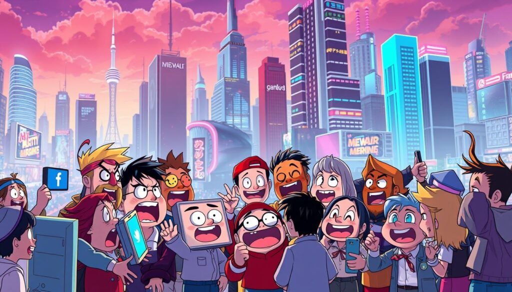 A vibrant, dynamic scene showcasing the power of memes as a form of modern communication. In the foreground, a diverse array of expressive, highly stylized meme characters engage in lively dialogue, their exaggerated features and emotive gestures conveying a range of emotions and ideas. The middle ground is a bustling digital landscape, with screens, devices, and social media platforms serving as the canvas for this visual exchange. The background is a futuristic cityscape, its towering skyscrapers and neon-lit streets reflecting the increasingly interconnected, technology-driven nature of our communication. Warm, vibrant lighting casts a sense of energy and optimism, capturing the transformative potential of memes as a unique and influential language of the digital age.
