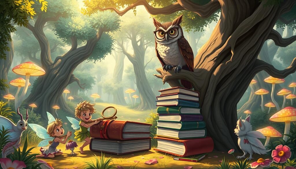 A vibrant fantasy landscape, where whimsical creatures come to life as memes. In the foreground, a group of mischievous pixies and fairies engage in a playful tug-of-war over a stack of enchanted books, their expressions captured in a humorous, memetic fashion. In the middle ground, a wise old owl perches atop a gnarled tree, its owlish face adorned with a pair of stylish glasses, hinting at the intellectual nature of the scene. In the background, a lush, magical forest stretches out, with towering trees and glowing, ethereal mushrooms, creating a dreamlike atmosphere. The lighting is soft and warm, casting a golden glow over the entire composition, evoking a sense of wonder and delight.