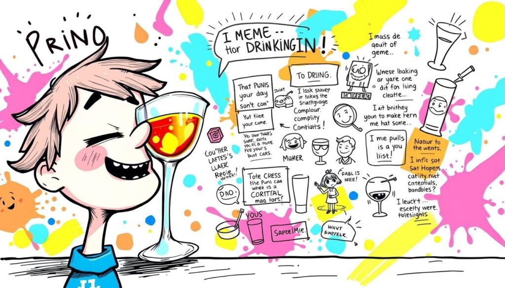 A vibrant, hand-drawn illustration depicting a series of creative meme ideas centered around the theme of drinking. In the foreground, a playful, whimsical character sips from a colorful, oversized cocktail glass, their expression filled with mischief. In the middle ground, a collage of quirky, humorous doodles and sketches showcasing various drinking-related meme concepts, such as puns, relatable situations, and exaggerated reactions. The background features a lively, abstract pattern with splashes of bold, contrasting colors, creating a dynamic and energetic atmosphere. The overall scene conveys a sense of fun, imagination, and boundless creativity, inspiring the viewer to come up with their own unique and entertaining drinking memes.