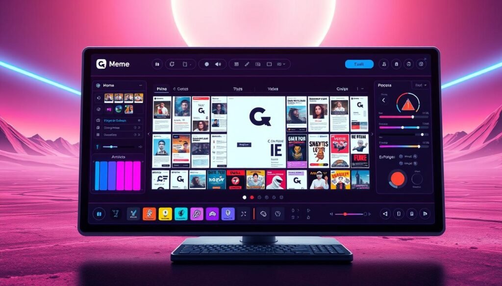 A vibrant, hyper-customized meme interface displayed on a sleek, futuristic digital screen. In the foreground, intuitive controls and sliders allow for precise manipulation of text, images, colors, and effects. The middle ground showcases a diverse library of meme templates, ready to be personalized. In the background, a minimalist, neon-tinged landscape sets the stage for this advanced meme creation experience. Crisp, cinematic lighting accentuates the dynamic, high-tech atmosphere, inviting the viewer to dive into the limitless possibilities of meme customization.
