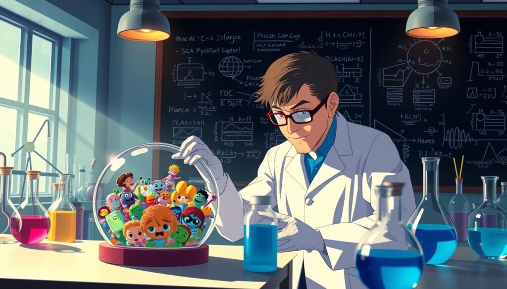 A vibrant, hyper-realistic laboratory scene showcasing the "science" behind meme creation. In the foreground, a scientist in a white lab coat examines a petri dish filled with colorful, comical characters. In the middle ground, test tubes and beakers bubble with meme-worthy chemical reactions. The background features a towering chalkboard covered in mathematical equations and diagrams, alluding to the underlying psychology and memetics at play. Dramatic lighting casts dramatic shadows, and the overall mood is one of playful, intellectual curiosity. The scene conveys the notion that memes are the result of a careful, scientific process - a "meme science" that can be studied and understood.