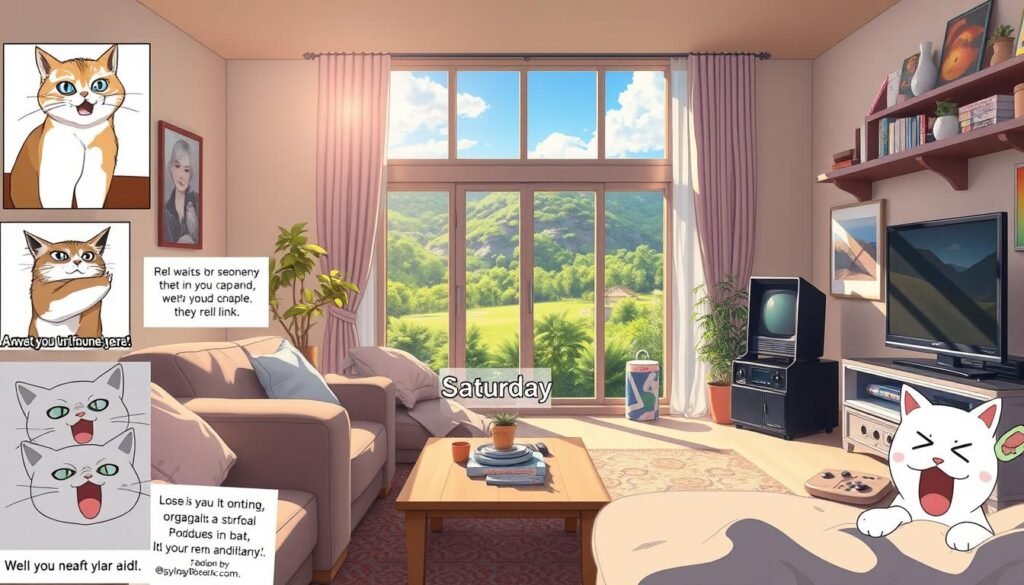 A vibrant, meme-filled weekend scene unfolding on a sun-drenched Saturday. In the foreground, a collection of humorous, shareable memes showcasing the carefree spirit of the day - mischievous cats, relatable millennial struggles, and nostalgic pop culture references. The middle ground features a cozy, well-lived-in living room, with comfy couches, plush pillows, and a retro gaming console hinting at hours of laid-back entertainment. In the background, a large window frames a scenic, verdant outdoor landscape, suggesting the perfect balance of indoor leisure and outdoor exploration. The overall mood is one of relaxation, laughter, and the pure joy of embracing the simple pleasures of a weekend well-spent.