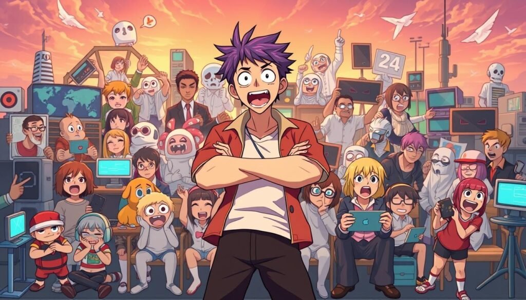 A vibrant, meme-inspired scene showcasing the versatility of the "Calm Your Tits" meme. In the foreground, a dynamic figure strikes a confident, nonchalant pose, exuding the meme's signature irreverent charm. The middle ground features a diverse array of meme characters and internet icons, each reacting uniquely to the central figure's casual demeanor. The background depicts a stylized, technology-infused landscape, hinting at the meme's widespread appeal and cultural impact. Warm lighting, dynamic camera angles, and a playful, humorous atmosphere capture the essence of this popular internet phenomenon.
