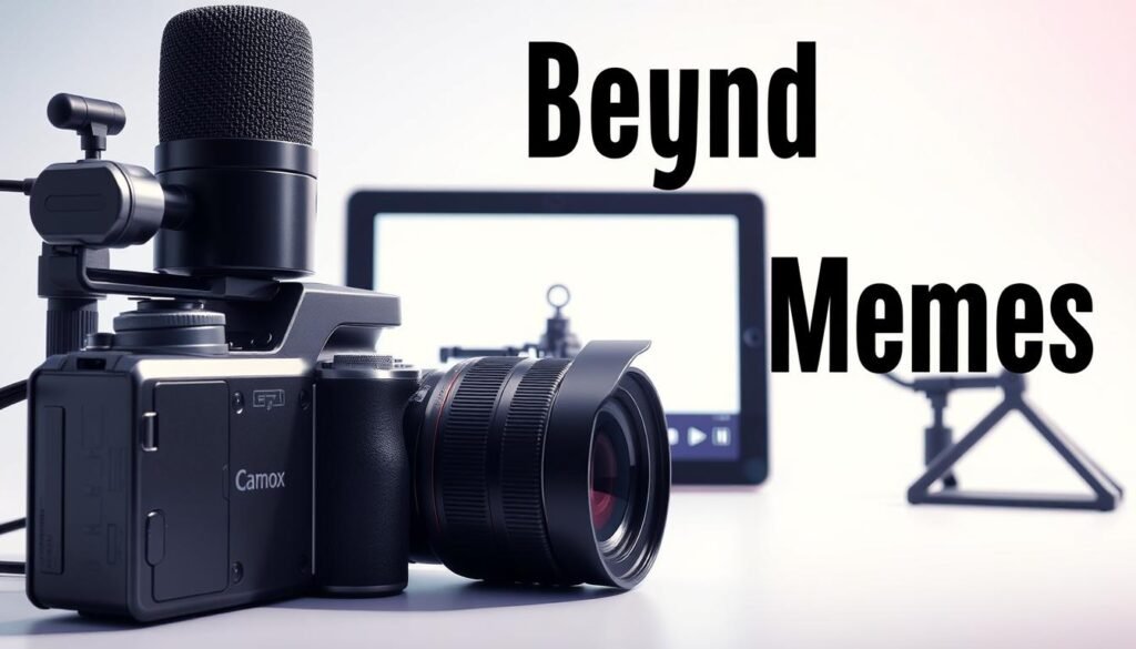 A vibrant, minimalist composition showcasing a variety of video creation tools. In the foreground, a high-end DSLR camera with a sleek, metallic body sits alongside a professional-grade microphone, its matte black finish conveying a sense of quality. In the middle ground, a tablet display presents a video editing interface, the screen bathed in a soft, diffused light. In the background, a clean, white backdrop creates a sense of focus and clarity, allowing the tools to take center stage. The overall mood is one of creativity, professionalism, and technological sophistication, perfectly capturing the "Beyond Memes" theme of the article.